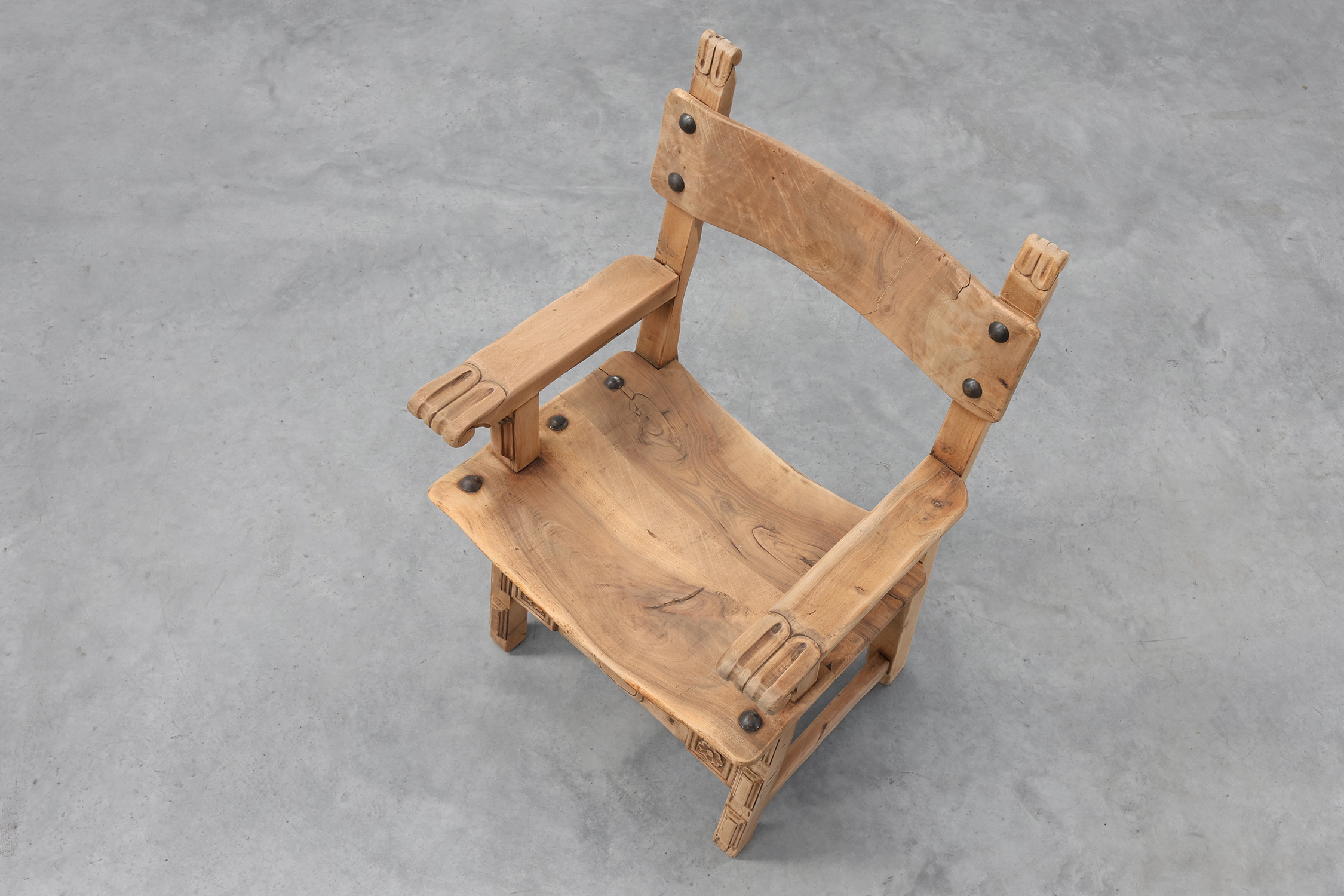 Pair of Brutalist Armchairs with Carved Rosettes and Nailed Wooden Seats, Spain, 20th Centurythumbnail